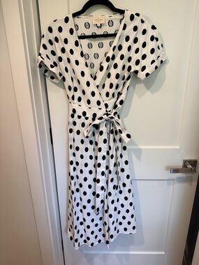 Sezane White Midi Wrap Dress with Black Polka Dots